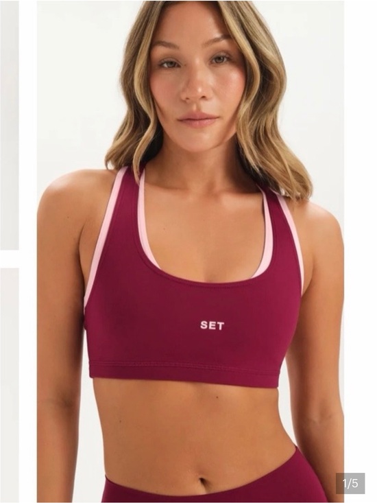 SET Active Other - SET Active Burgundy Sports Bra with Light Pink Trim